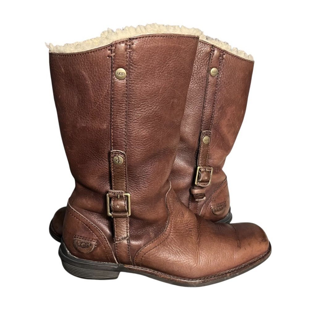UGG BELLEVUE Brown Leather Boots Shearling Lining Fold Over Womens Size 7